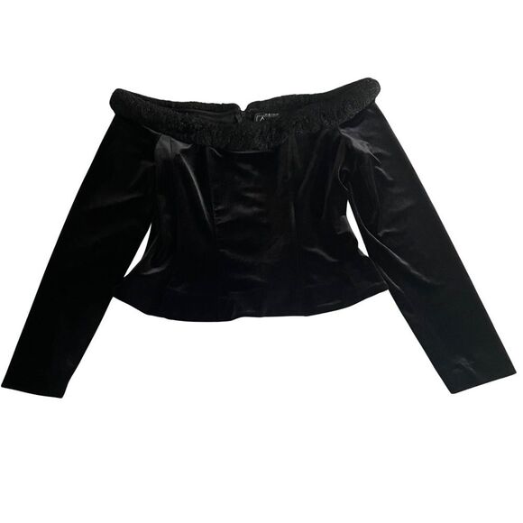 VINTAGE Y2K Alex Evenings Off Shoulder Faux Fur Velvet Top Black - Picture 1 of 7
